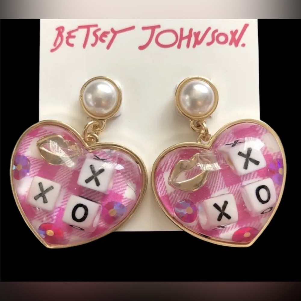 New Betsey Johnson Gold Tone XOX Gingham Acrylic Puffy Heart Drop Earrings